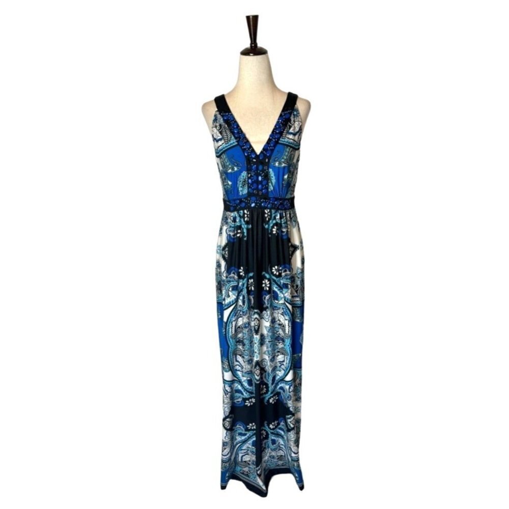 Eci New York Dress Womens 6 Blue And Black Paisley Beaded V Neck Tie Back Maxi